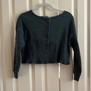 Free People Beach Ribbed Cropped Button-Up Top - Green